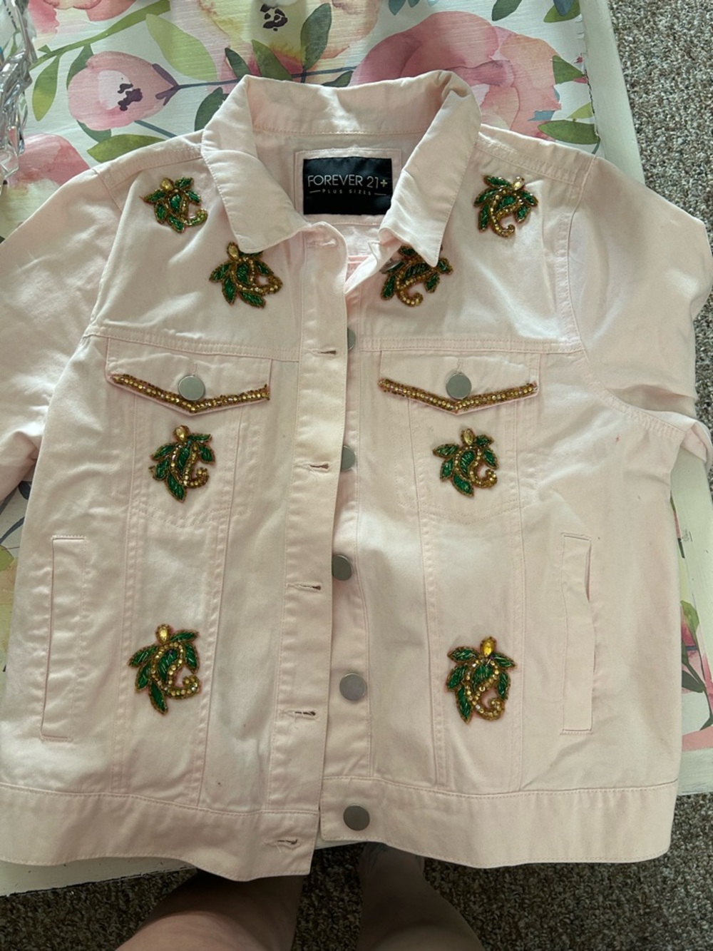 Forever 21 Pale Pink Denim Jacket with Green & Gold Bead Embellishments